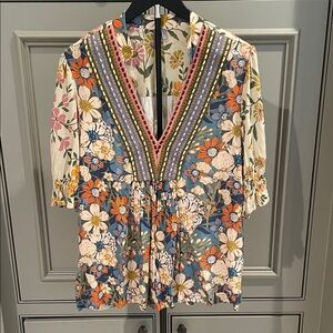 Anthropologie Multicolor Floral Blouse with Beautiful Stitching